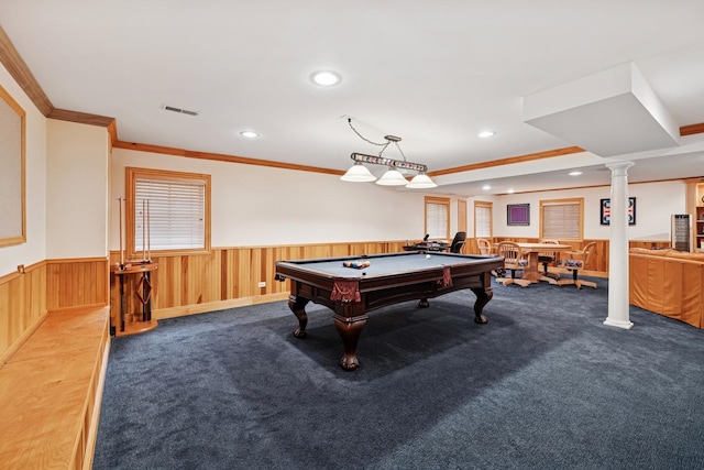 1219 N Lakeview Ct, Palatine, IL 60067 - game room with carpet flooring, recessed lighting, billiards table, wainscoting, and crown molding