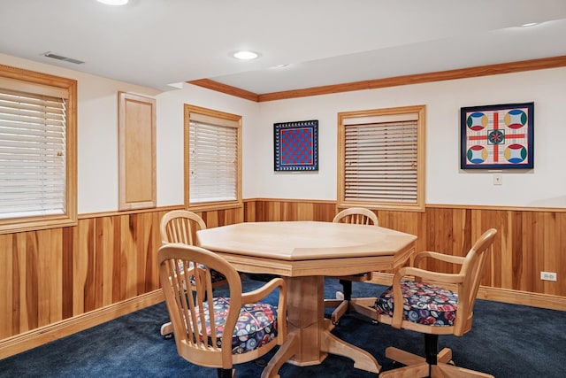 1219 N Lakeview Ct, Palatine, IL 60067 - dining area with wainscoting, wooden walls, carpet floors, ornamental molding, and recessed lighting