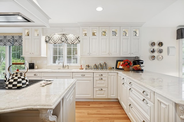 1219 N Lakeview Ct, Palatine, IL 60067 - kitchen with a peninsula, white cabinetry, tasteful backsplash, recessed lighting, and light stone counters