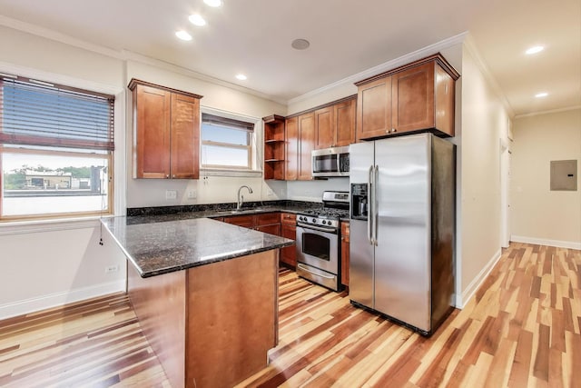 1634 N Wolcott Ave Unit 3, Chicago, IL 60622 - kitchen with stainless steel appliances, ornamental molding, light wood-type flooring, open shelves, and a peninsula