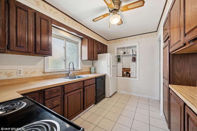 8301 N Waukegan Rd, Niles, IL 60714 - kitchen featuring black appliances, a ceiling fan, light tile patterned flooring, and dark brown cabinets
