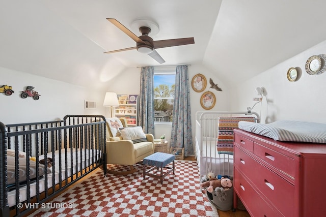 5747 W Grace St, Chicago, IL 60634 - bedroom with lofted ceiling, ceiling fan, and a crib