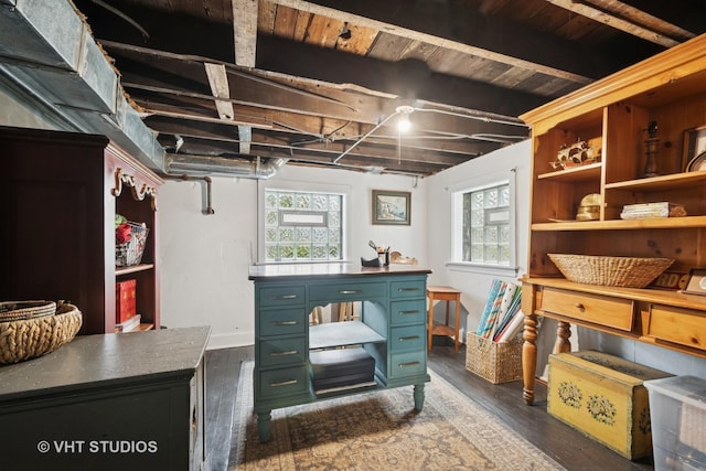 5747 W Grace St, Chicago, IL 60634 - basement featuring dark wood finished floors, plenty of natural light, and wood ceiling