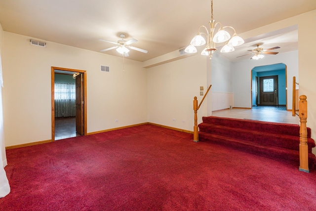 525 Bunning Dr, Downers Grove, IL 60516 - unfurnished living room featuring ceiling fan, carpet floors, and stairway