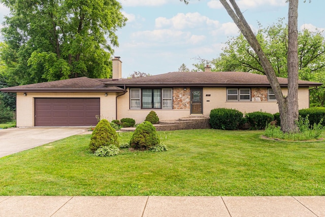 525 Bunning Dr, Downers Grove, IL 60516 - view of front of property featuring a chimney, an attached garage, driveway, brick siding, and a front lawn