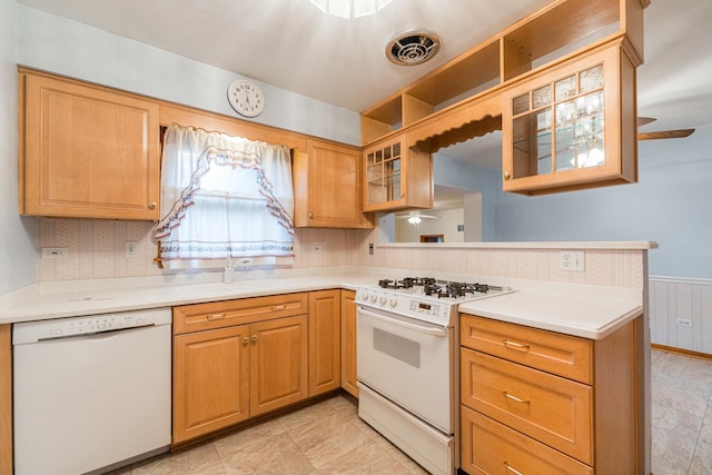 525 Bunning Dr, Downers Grove, IL 60516 - kitchen featuring white appliances, a ceiling fan, light countertops, and glass insert cabinets