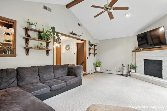 2514 Cuhlman Rd, Mchenry, IL 60051 - living room featuring a ceiling fan, beam ceiling, carpet floors, high vaulted ceiling, and a fireplace