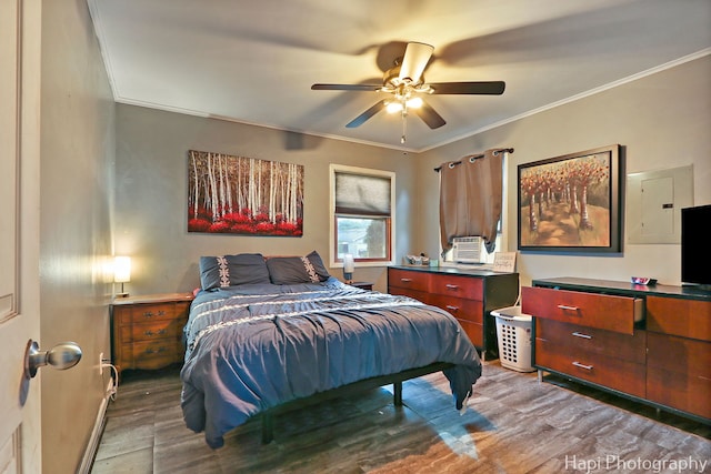 1912 Oak Dr, Mchenry, IL 60050 - bedroom with wood finished floors, crown molding, ceiling fan, and cooling unit