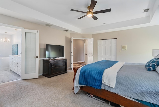 17642 Crystal Lake Dr, Homer Glen, IL 60491 - bedroom featuring carpet flooring, connected bathroom, a chandelier, ceiling fan, and a closet