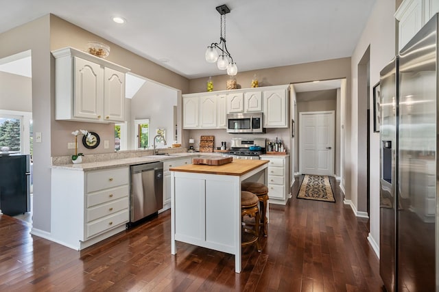 17642 Crystal Lake Dr, Homer Glen, IL 60491 - kitchen with appliances with stainless steel finishes, butcher block countertops, recessed lighting, white cabinetry, and dark wood finished floors