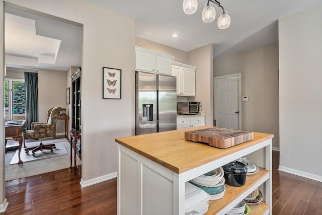 17642 Crystal Lake Dr, Homer Glen, IL 60491 - kitchen with stainless steel fridge, wood counters, dark wood-type flooring, white cabinetry, and recessed lighting