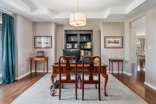 17642 Crystal Lake Dr, Homer Glen, IL 60491 - dining room featuring wood finished floors, a raised ceiling, and an office area