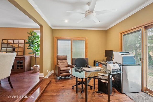 36 Logan Ter, Golf, IL 60029 - office area featuring ornamental molding, ceiling fan, and wood finished floors