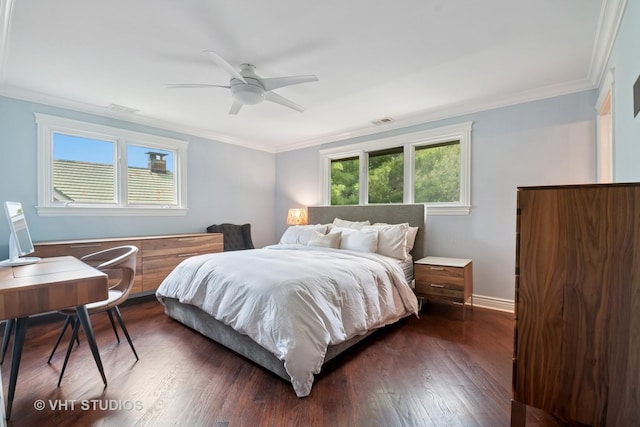 36 Logan Ter, Golf, IL 60029 - bedroom with multiple windows, ornamental molding, dark wood-style floors, and ceiling fan