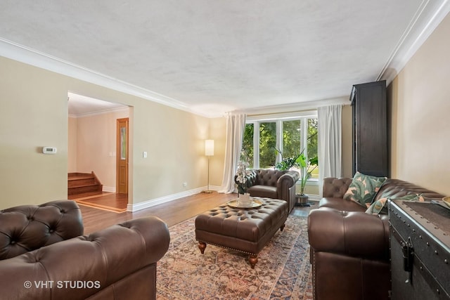 36 Logan Ter, Golf, IL 60029 - living room featuring wood finished floors, stairway, and ornamental molding