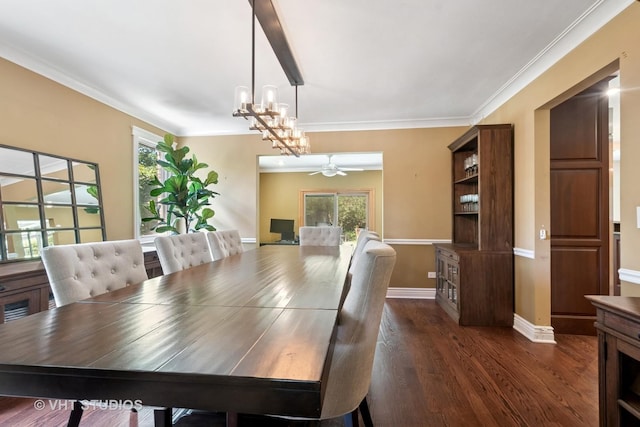 36 Logan Ter, Golf, IL 60029 - dining room featuring dark wood-style floors, ceiling fan, and crown molding