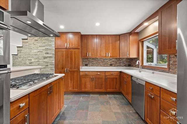 1702 Winthrop Ln, Schaumburg, IL 60193 - kitchen with stainless steel appliances, wall chimney exhaust hood, decorative backsplash, light countertops, and brown cabinetry