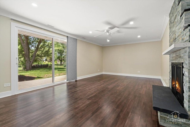 1702 Winthrop Ln, Schaumburg, IL 60193 - unfurnished living room with a stone fireplace, crown molding, a ceiling fan, wood finished floors, and recessed lighting