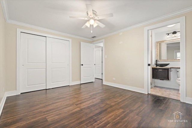 1702 Winthrop Ln, Schaumburg, IL 60193 - unfurnished bedroom featuring wood finished floors, a closet, ornamental molding, connected bathroom, and a ceiling fan