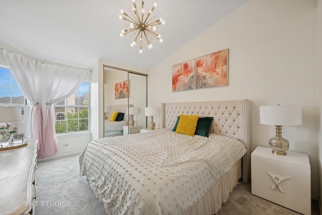 707 Sturnbridge Ln, Schaumburg, IL 60173 - bedroom with light carpet, a chandelier, a closet, and lofted ceiling