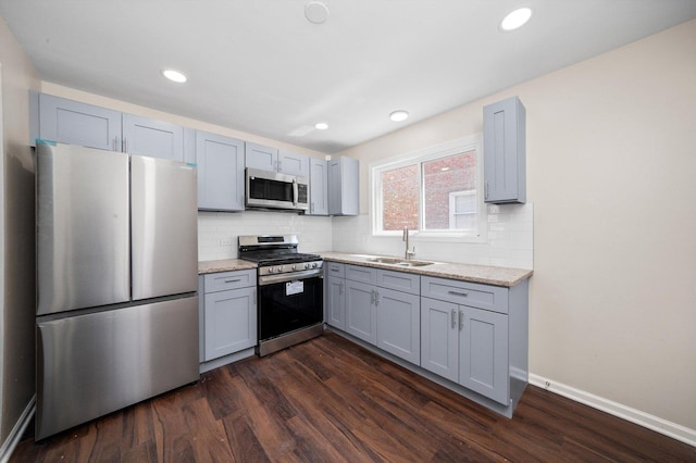 476 W 17th St, Chicago Heights, IL 60411 - kitchen featuring appliances with stainless steel finishes, gray cabinets, dark wood finished floors, backsplash, and recessed lighting