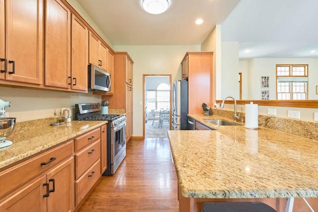 671 Teal Ct, Dekalb, IL 60115 - kitchen featuring appliances with stainless steel finishes, a peninsula, light stone counters, light wood-style flooring, and plenty of natural light