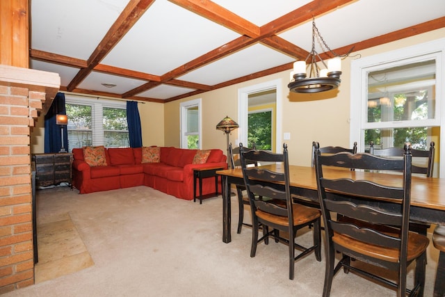 24503 Iroquois Ln, Hudson, IL 61748 - dining area featuring coffered ceiling, light colored carpet, and beam ceiling