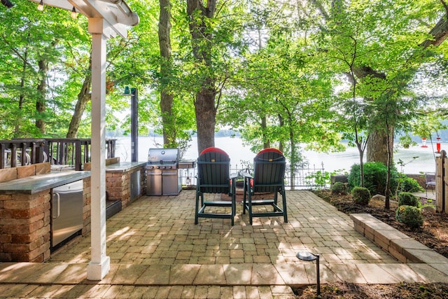 24503 Iroquois Ln, Hudson, IL 61748 - view of patio with exterior kitchen and a water view