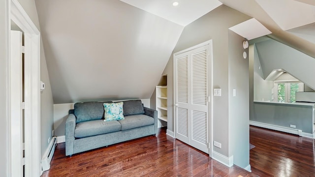 570 Hathaway Cir, Lake Forest, IL 60045 - living area with a baseboard radiator, vaulted ceiling, wood finished floors, and a baseboard heating unit