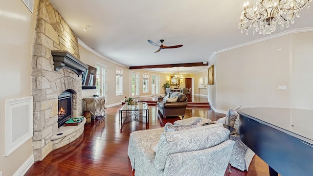 570 Hathaway Cir, Lake Forest, IL 60045 - living area with a chandelier, crown molding, a fireplace, wood finished floors, and ceiling fan