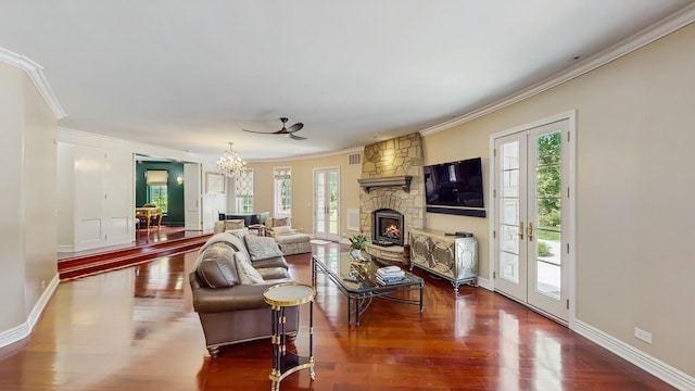 570 Hathaway Cir, Lake Forest, IL 60045 - living room featuring ornamental molding, wood finished floors, french doors, a fireplace, and a chandelier