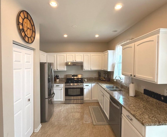 1711 Devonshire Ln, Shorewood, IL 60404 - kitchen featuring stainless steel appliances, under cabinet range hood, recessed lighting, white cabinets, and stone counters