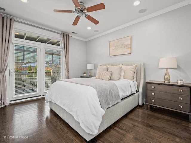 1541 W Montana St Unit 2, Chicago, IL 60614 - bedroom with crown molding, access to exterior, dark wood-type flooring, recessed lighting, and ceiling fan