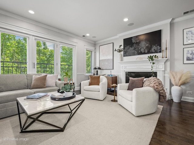 1541 W Montana St Unit 2, Chicago, IL 60614 - living area featuring wood finished floors, recessed lighting, crown molding, and a glass covered fireplace