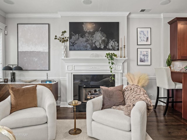 1541 W Montana St Unit 2, Chicago, IL 60614 - living area featuring dark wood finished floors, crown molding, and a fireplace