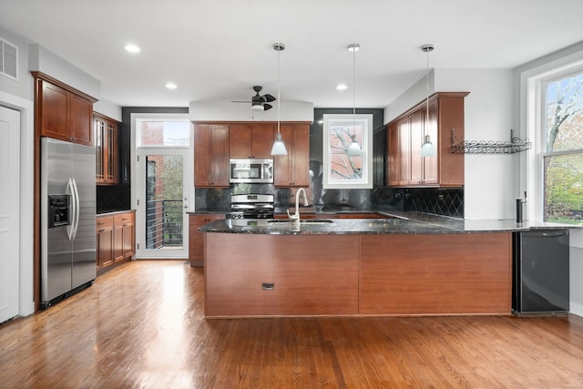 2864 N Riverwalk Dr, Chicago, IL 60618 - kitchen with stainless steel appliances, dark stone countertops, a peninsula, light wood finished floors, and a ceiling fan