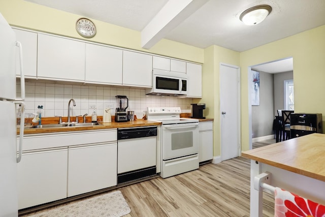179 Roberts Rd, Bolingbrook, IL 60440 - kitchen with white appliances, light wood-style flooring, backsplash, white cabinetry, and beam ceiling