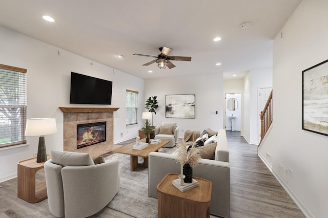 31692 N Clearwater Dr, Lakemoor, IL 60051 - living room with ceiling fan, a tile fireplace, recessed lighting, and wood finished floors