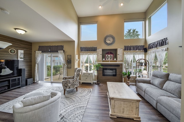 1934 Stoneheather Ave, Aurora, IL 60503 - living room featuring a high ceiling, plenty of natural light, a glass covered fireplace, and dark wood-style flooring