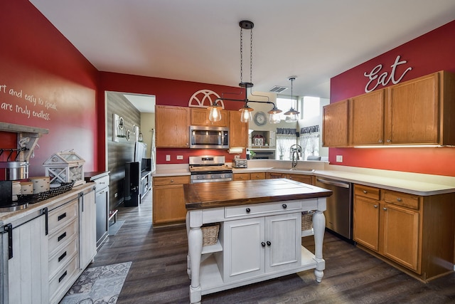 1934 Stoneheather Ave, Aurora, IL 60503 - kitchen featuring appliances with stainless steel finishes, dark wood-type flooring, butcher block counters, and open shelves