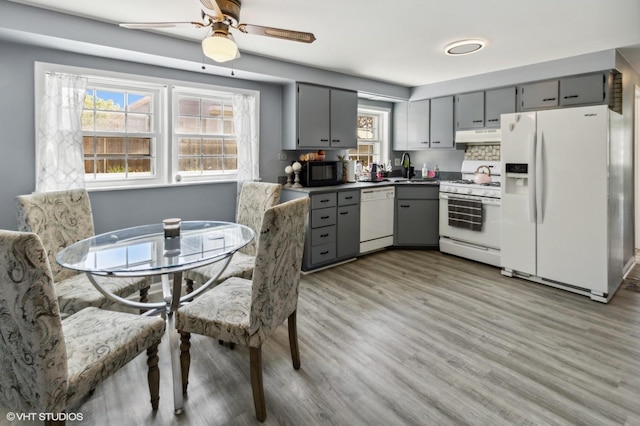 323 Marshall Rd, Bensenville, IL 60106 - kitchen with white appliances, gray cabinetry, under cabinet range hood, and light wood finished floors