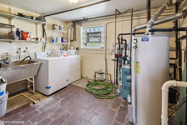 323 Marshall Rd, Bensenville, IL 60106 - laundry area with water heater, washing machine and dryer, and wood finish floors