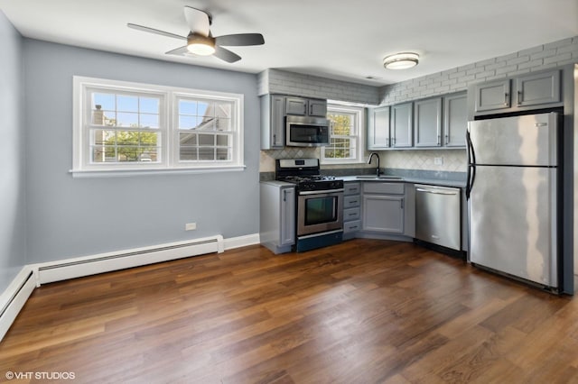 323 Marshall Rd, Bensenville, IL 60106 - kitchen with appliances with stainless steel finishes, gray cabinets, backsplash, ceiling fan, and dark wood-type flooring