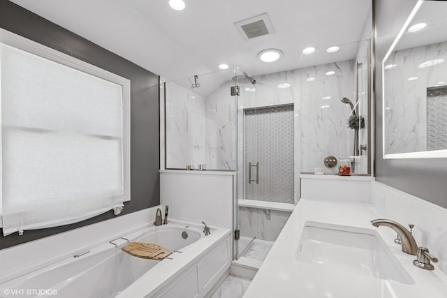 1820 N 75th Ct, Elmwood Park, IL 60707 - bathroom with a garden tub, a marble finish shower, vanity, and recessed lighting
