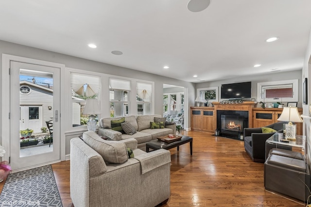 1820 N 75th Ct, Elmwood Park, IL 60707 - living area with a glass covered fireplace, wood finished floors, and recessed lighting