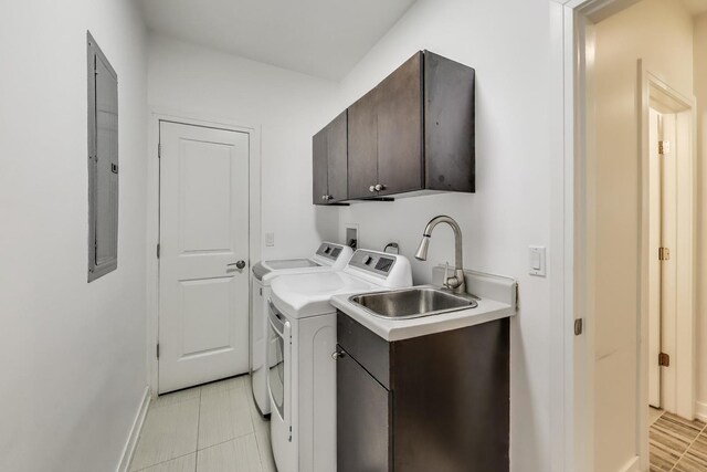 2423 W Erie St, Chicago, IL 60612 - laundry area with cabinet space, washer and clothes dryer, light tile patterned floors, and electric panel