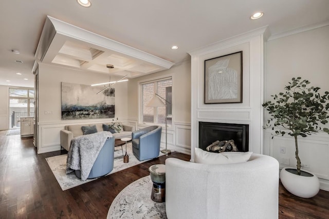 2423 W Erie St, Chicago, IL 60612 - living area featuring a decorative wall, ornamental molding, coffered ceiling, dark wood-style flooring, and beam ceiling