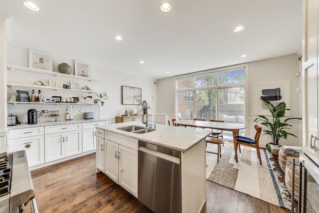 2423 W Erie St, Chicago, IL 60612 - kitchen featuring dishwasher, open shelves, white cabinetry, decorative backsplash, and recessed lighting
