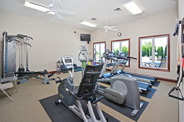 1723 Glenbridge Rd, Bloomington, IL 61704 - gym featuring a ceiling fan and carpet floors