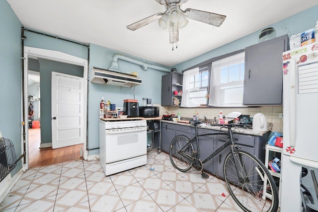 5044 W Roscoe St, Chicago, IL 60641 - kitchen with white appliances, gray cabinets, open shelves, extractor fan, and ceiling fan